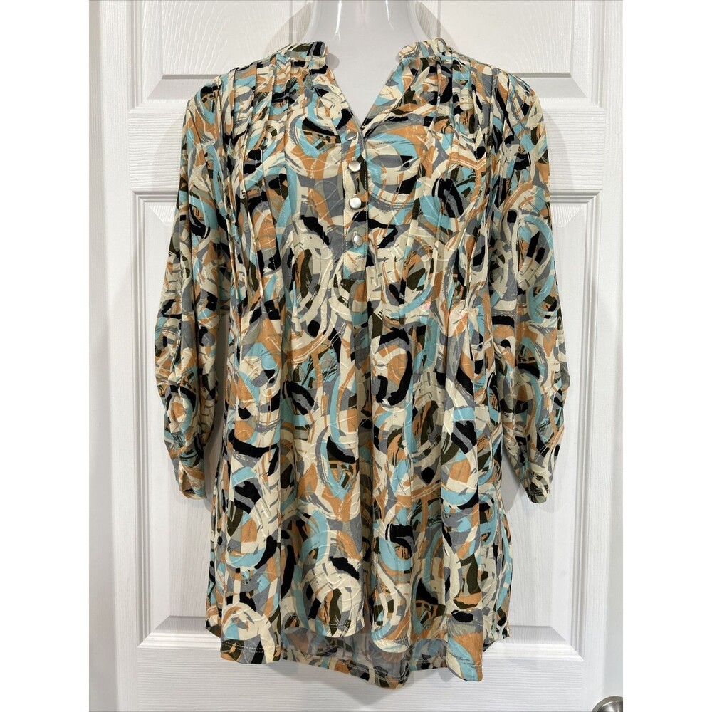 Notations Plus Size 1X Turquoise Gray Abstract Print Blouse Tunic Stretch Knit